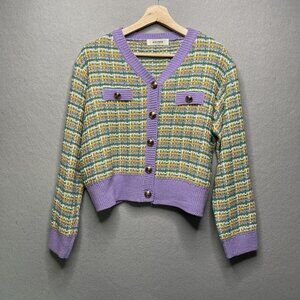 Storets S/M Womens Tweed Knit Cardigan Sweater Lavender Ribbed Hem Button Front